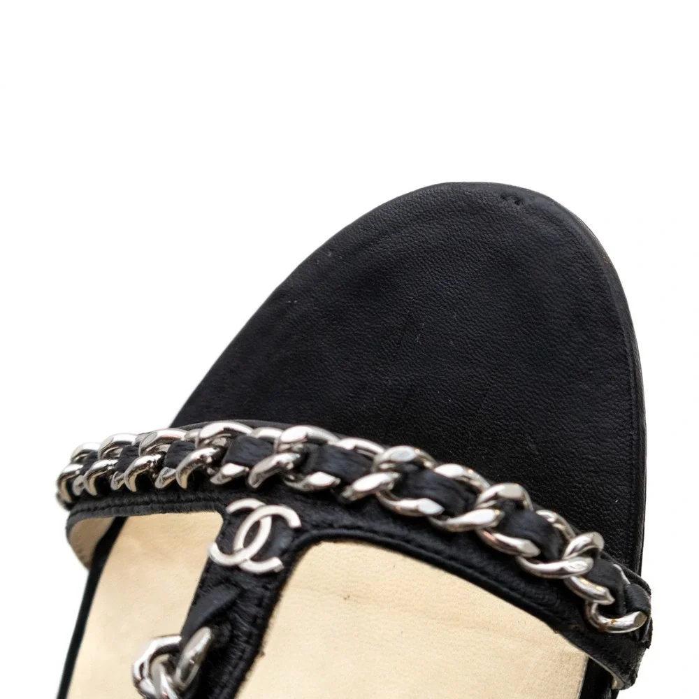 Chanel Black Leather Chain Strap Heeled Sandals US 8.5 Ankle Strap CC Logo‎